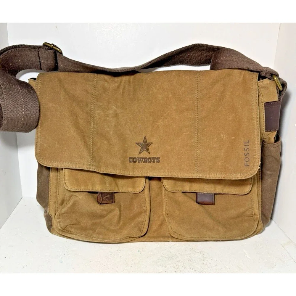 Fossil Brown Leather Messenger Bag Commuter Laptop Briefcase Dallas Cowboys